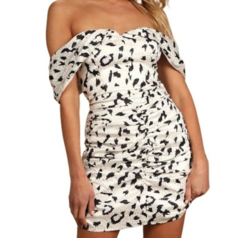 Lulu's It's Fierce Ivory Leopard Print Ruched Dress, Medium